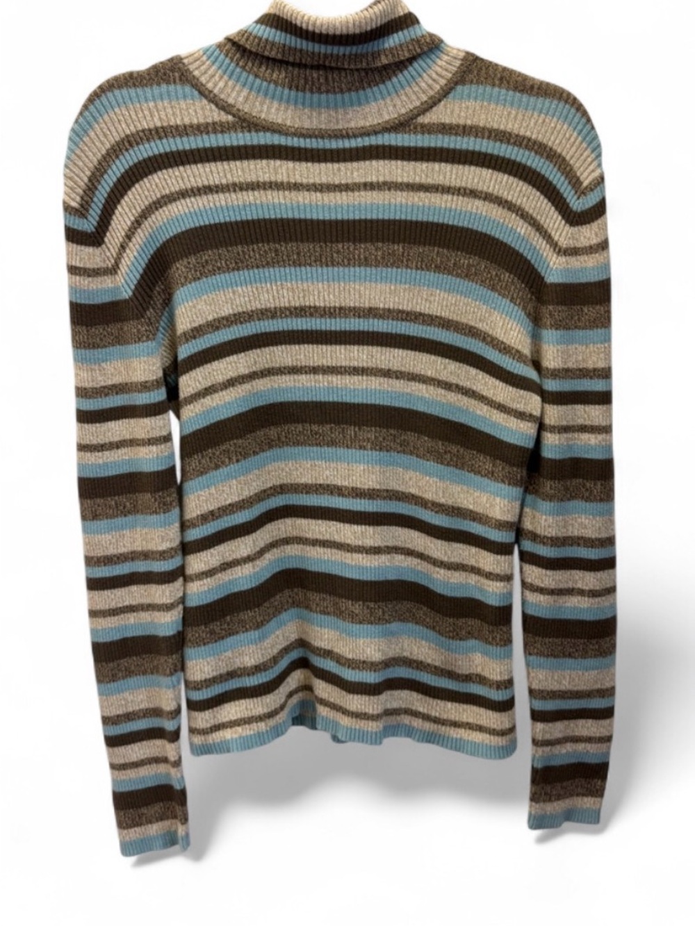 Liz Claiborne Brown, Blue, and Cream Striped Turtleneck Sweater